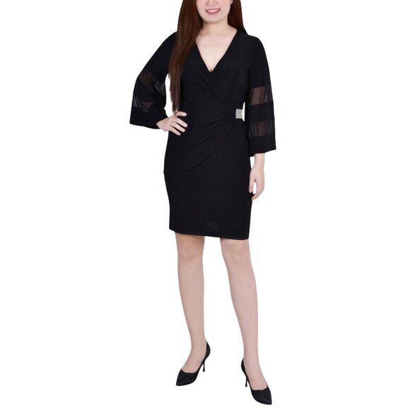 NWT Ny Collection Womens Petite Sheer-Sleeve Wrap Dress PITD7701 Black PL - Picture 1 of 7